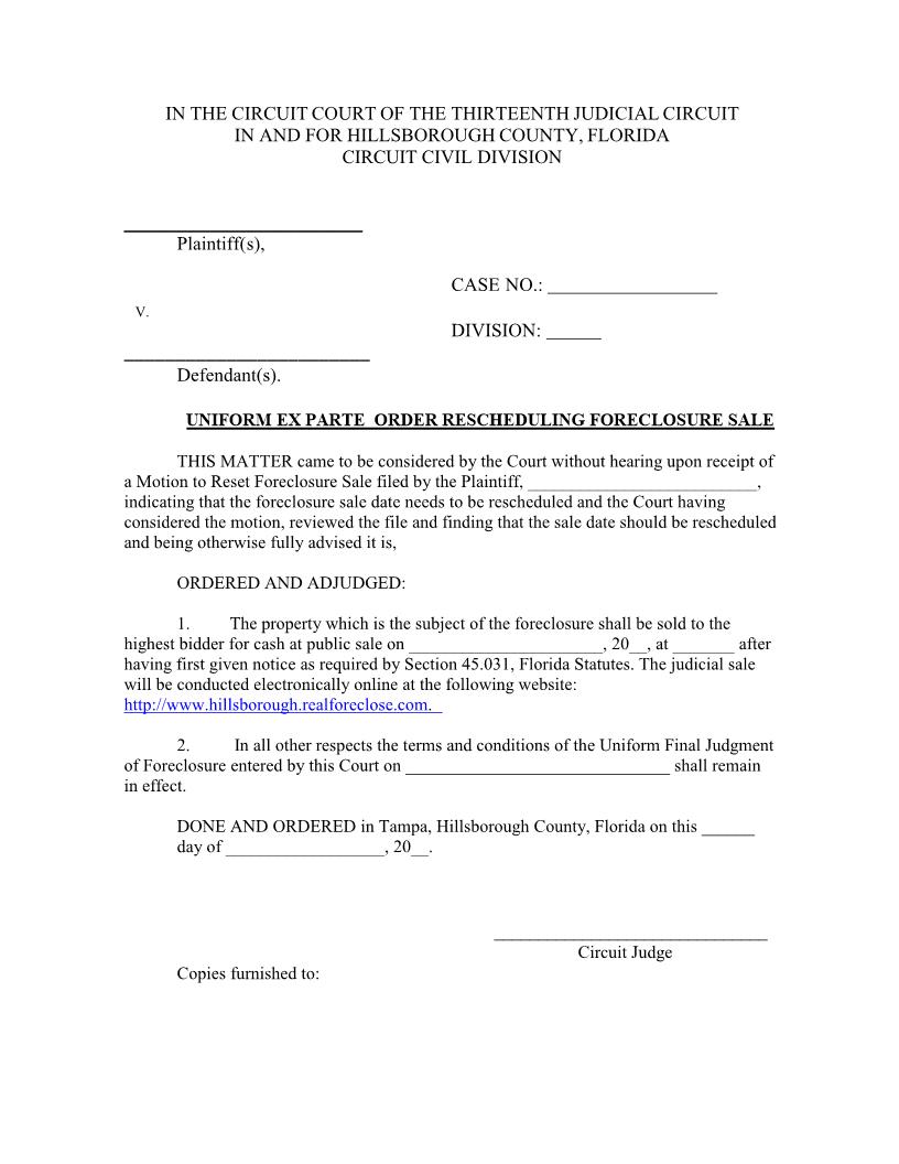 Uniform Ex Parte Order Rescheduling Foreclosure Sale | Pdf Fpdf Docx | Florida