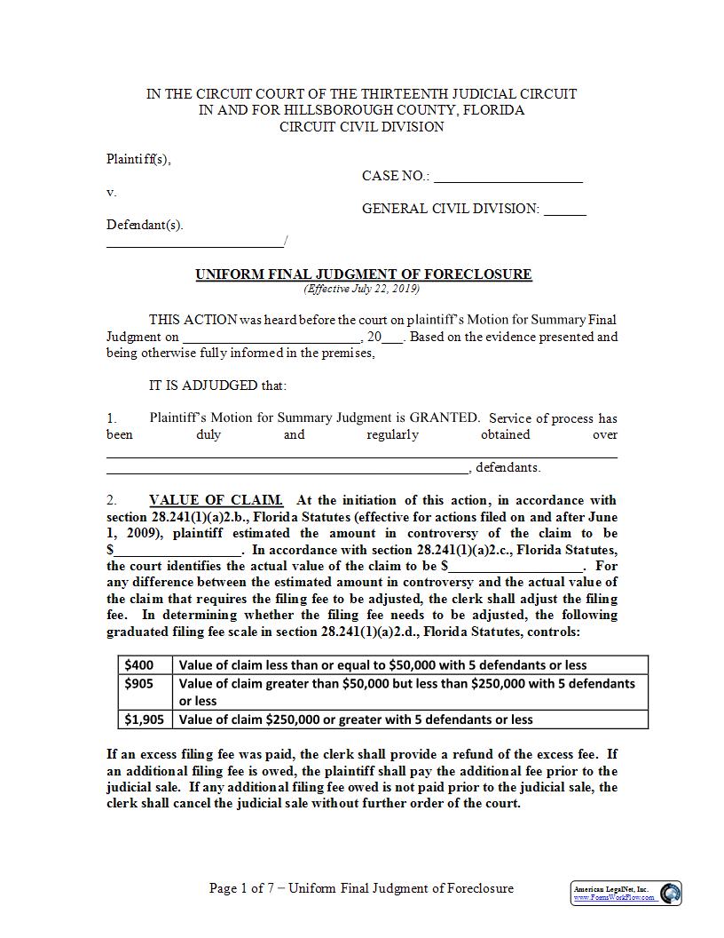 Uniform Final Judgment Of Foreclosure | Pdf Fpdf Docx | Florida