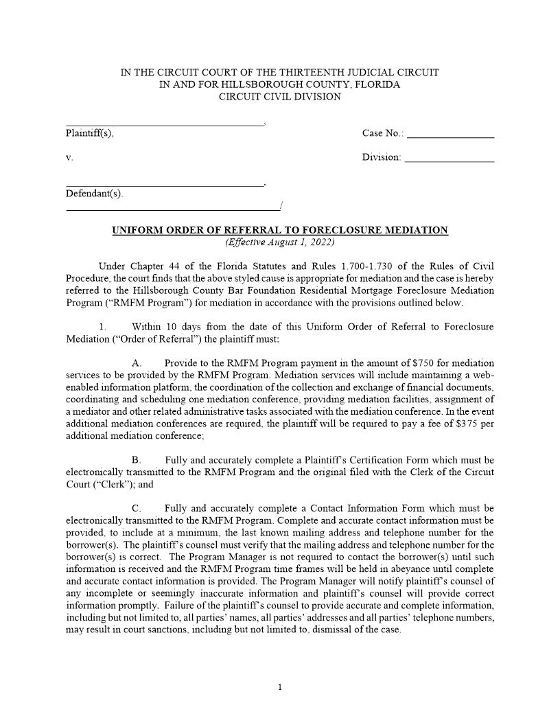 Uniform Order Of Referral To Foreclosure Mediation | Pdf Fpdf Docx | Florida