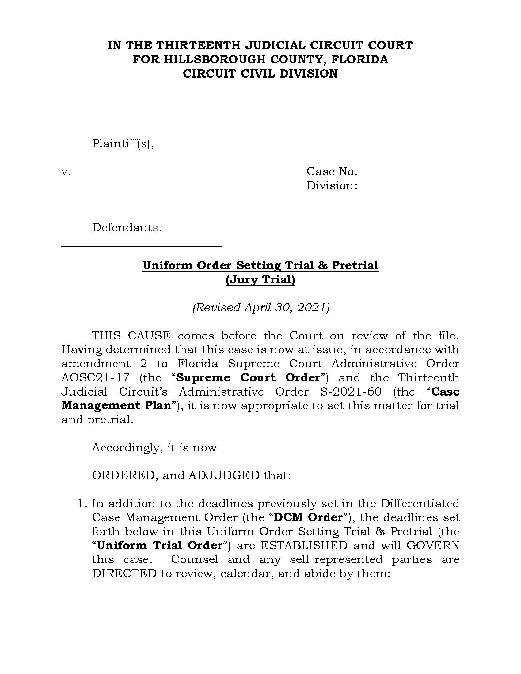 Uniform Order Setting Trial And Pre-Trial (Jury Trial) | Pdf Fpdf Doc Docx | Florida