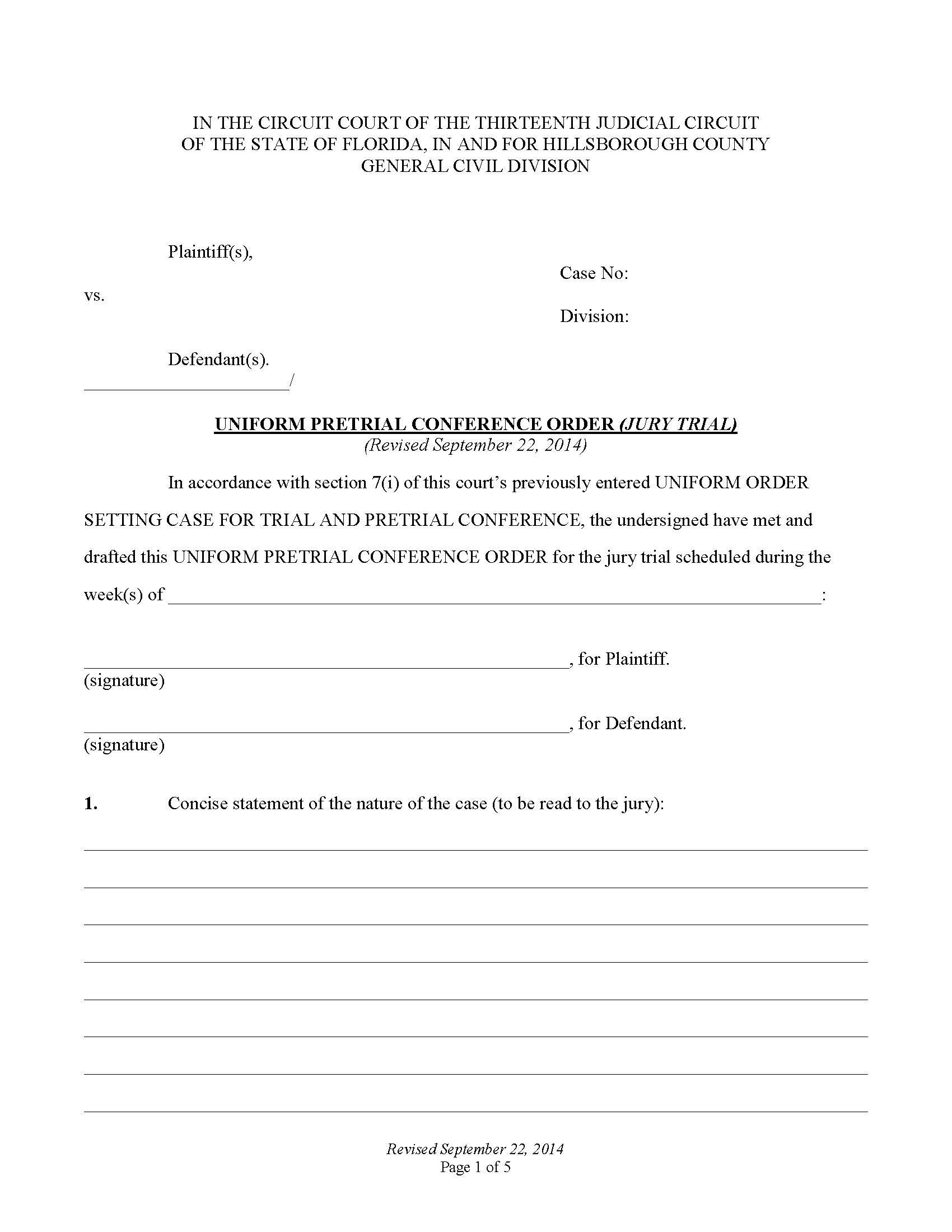 Uniform Pre-Trial Conference Order (Non-Jury Trial) | Pdf Fpdf Doc Docx | Florida