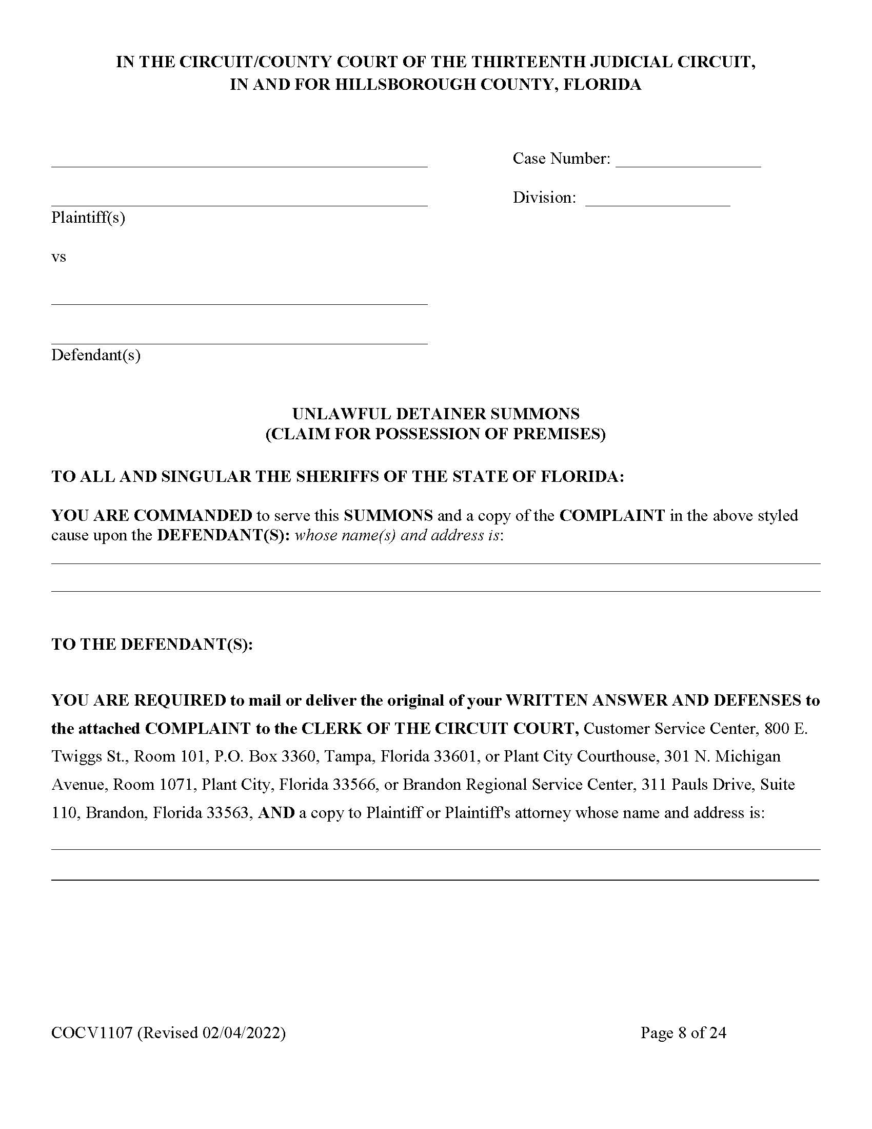 Unlawful Detainer Summons (Claim For Possession Of Premises) | Pdf Fpdf Docx | Florida