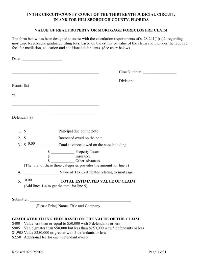 Value Of Real Property Or Mortgage Foreclosure Claim | Pdf Fpdf Docx | Florida