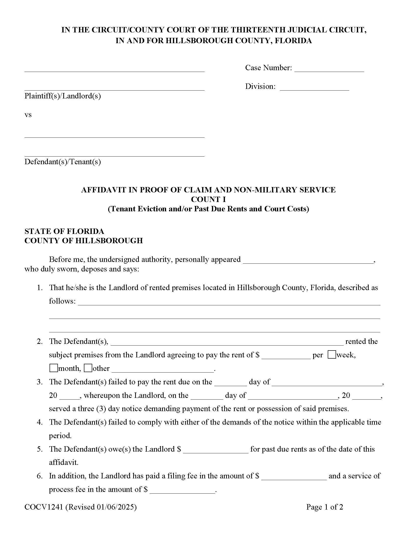 Affidavit In Proof Of Claim Non Military Count I {COCV1241} | Pdf Fpdf Doc Docx | Florida