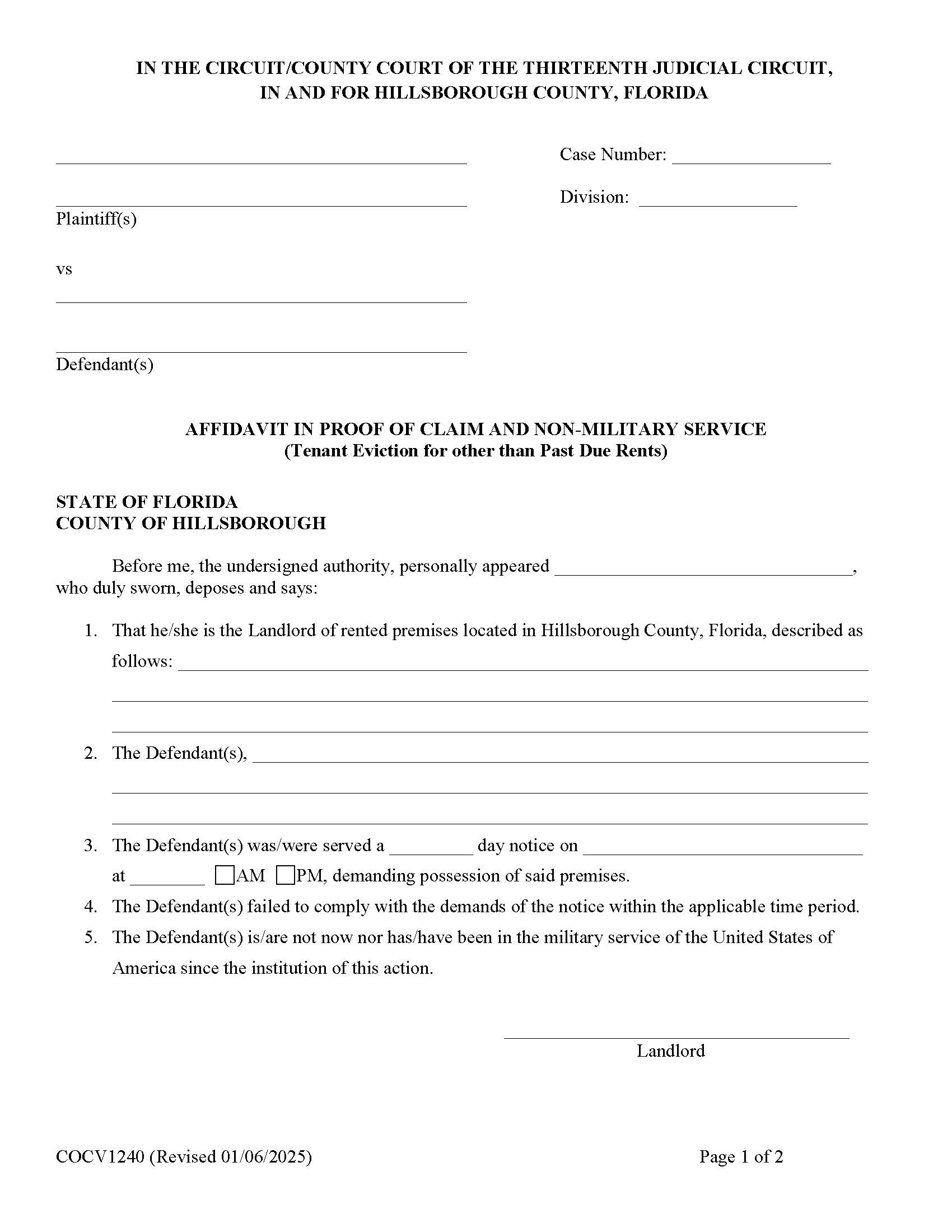 Affidavit In Proof Of Claim Non-Military Service (Non-Rent) {COCV1240} | Pdf Fpdf Doc Docx | Florida
