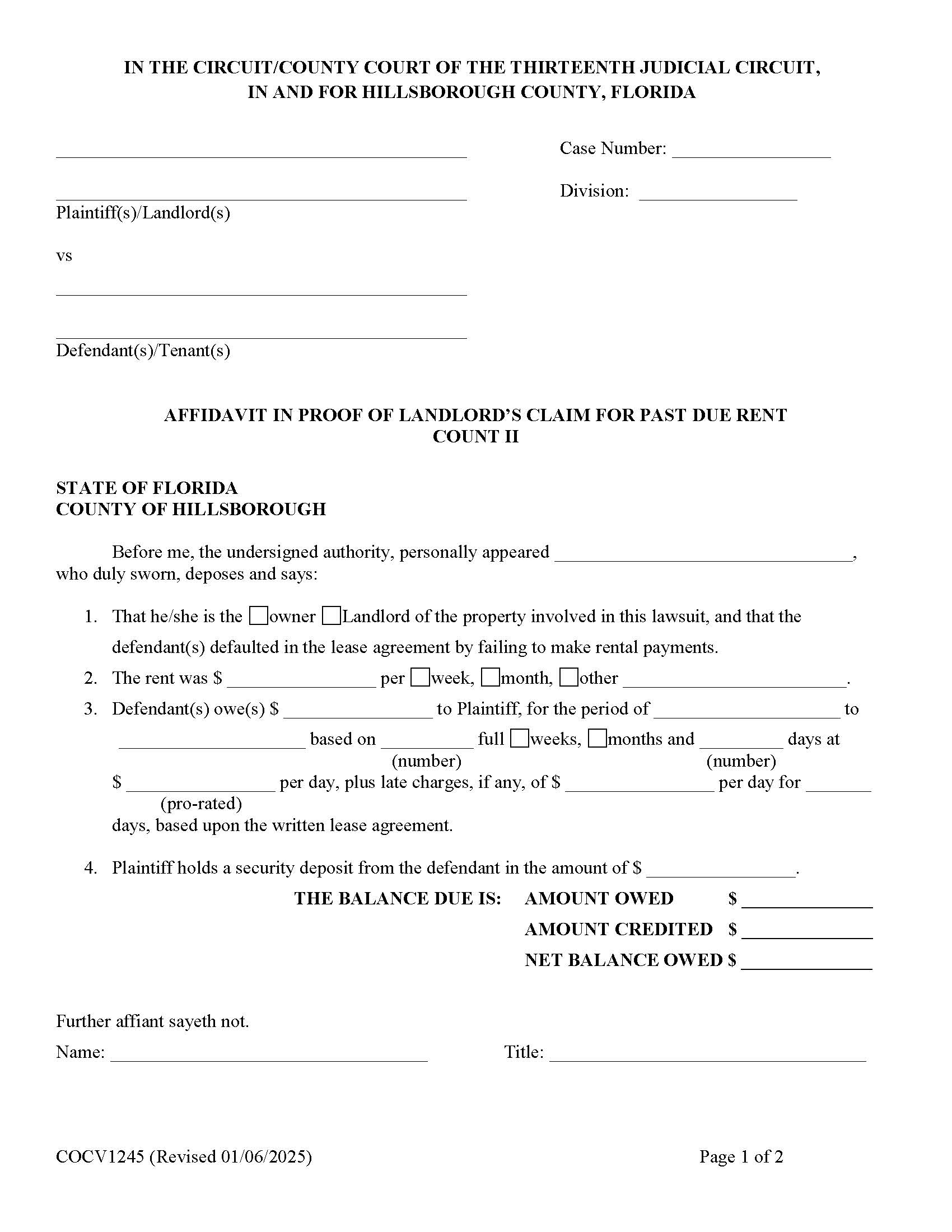 Affidavit In Proof Of Landlords Claim For Past Due Rent {COCV1245} | Pdf Fpdf Doc Docx | Florida