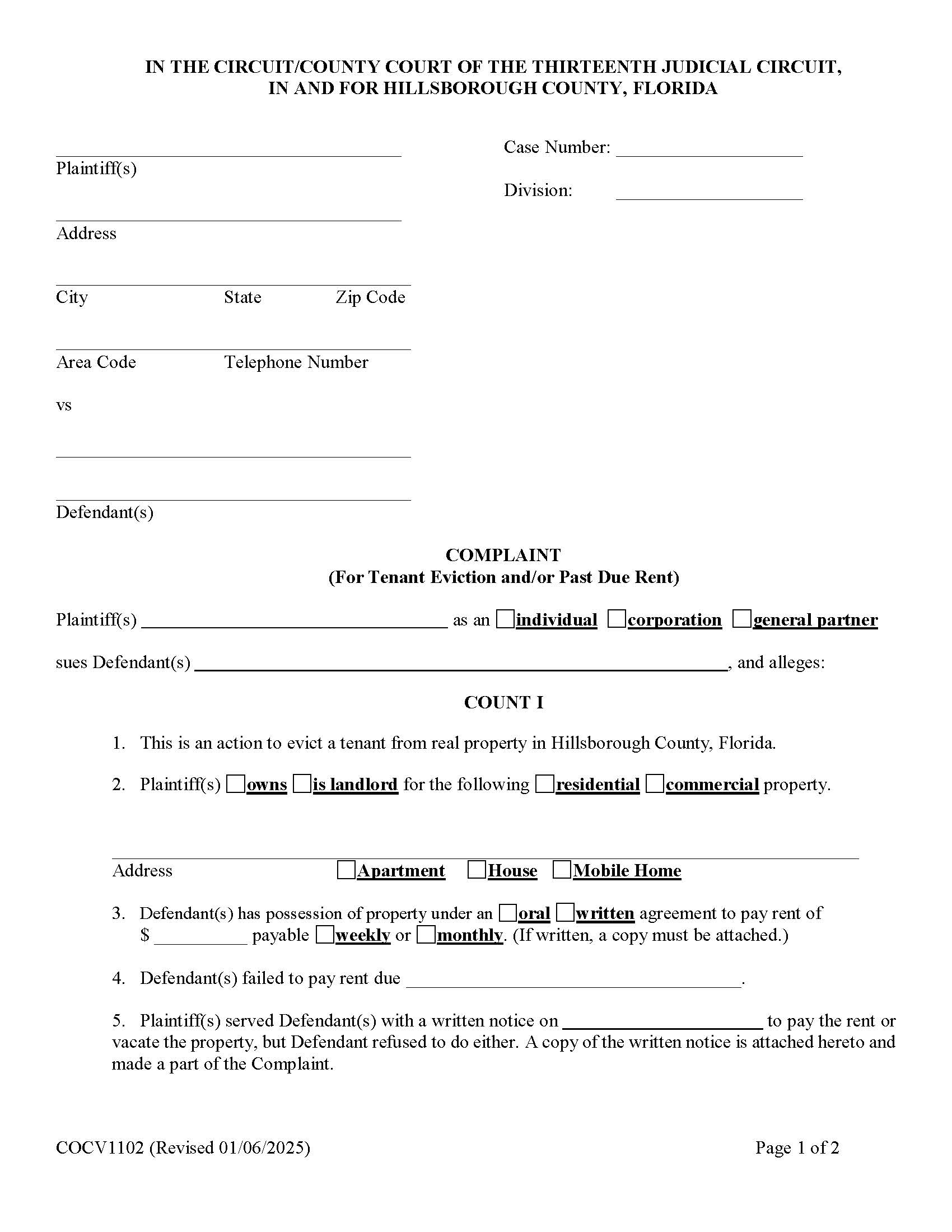 Complaint (For Tenant Eviction And Or Past Due Rent) {COCV1102} | Pdf Fpdf Doc Docx | Florida