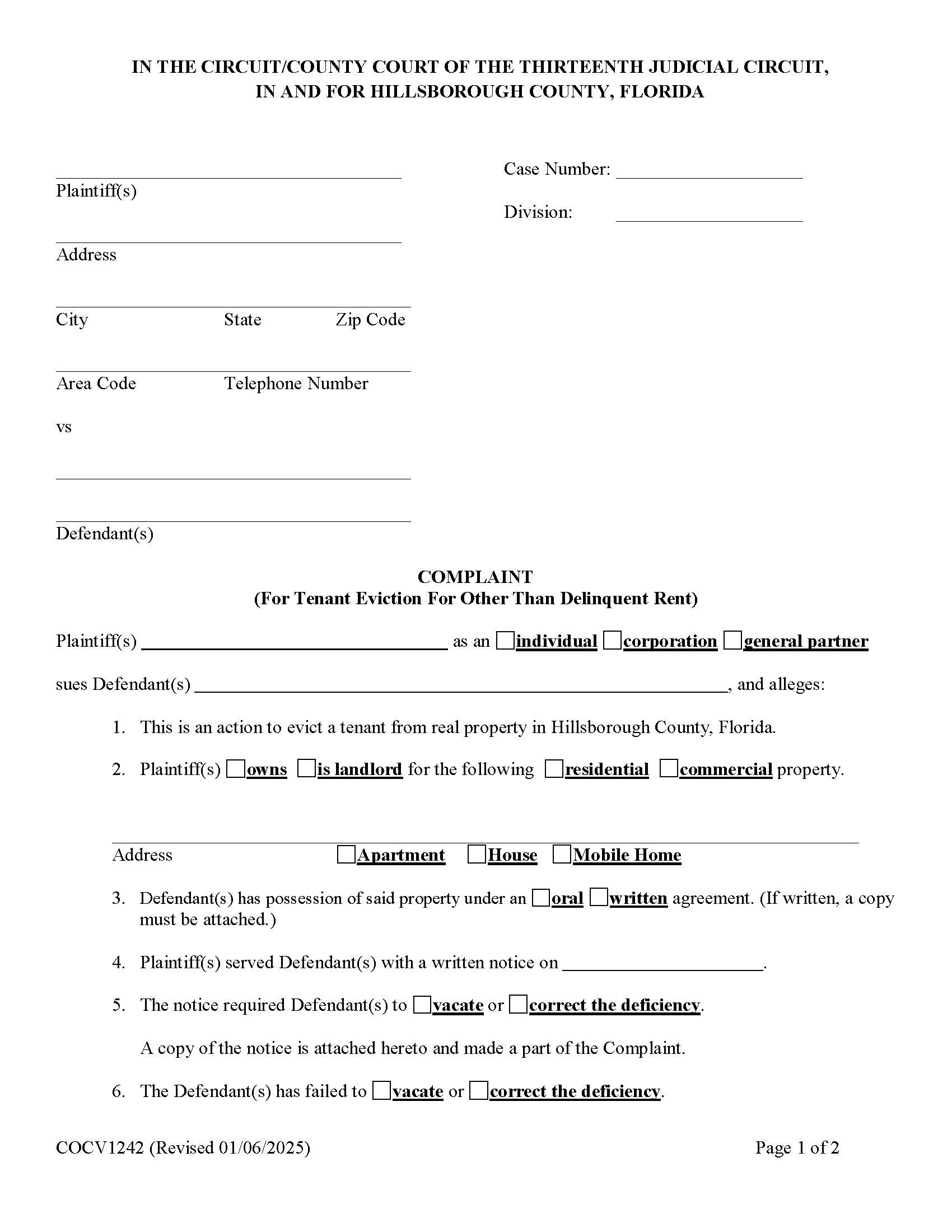 Complaint (For Tenant Eviction For Other Than Delinquent Rent) {COCV1242} | Pdf Fpdf Doc Docx | Florida