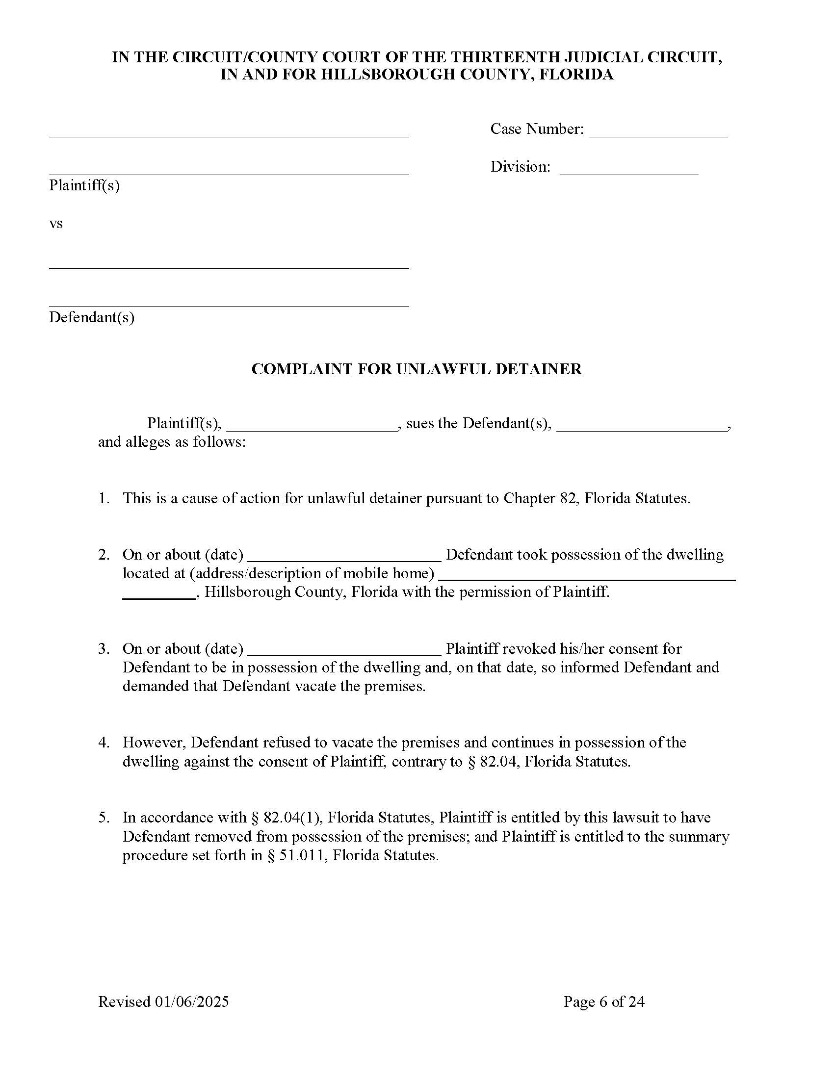 Complaint For Unlawful Detainer (Not Eviction) | Pdf Fpdf Docx | Florida