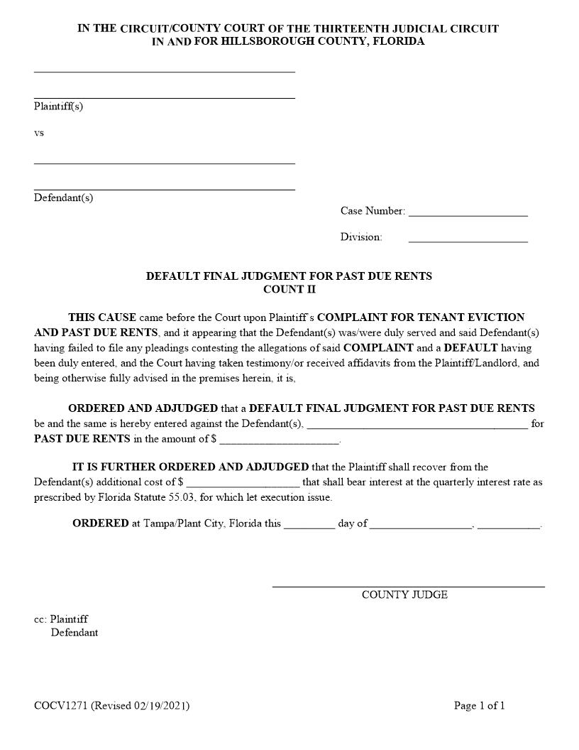 Default Final Judgment For Past Due Rents (Count II) {COCV1271} | Pdf Fpdf Doc Docx | Florida