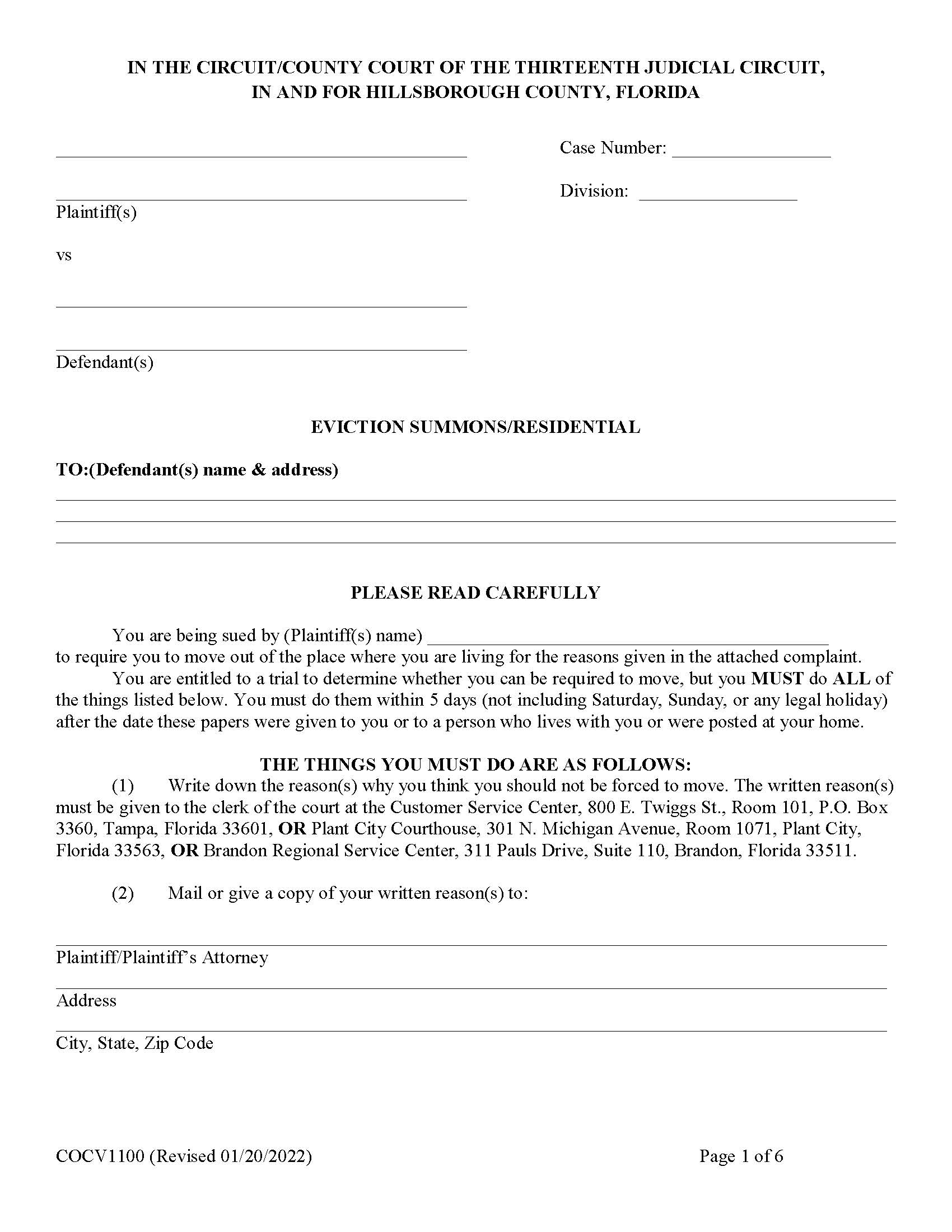 Eviction Summons - Residential {COCV1100} | Pdf Fpdf Docx | Florida