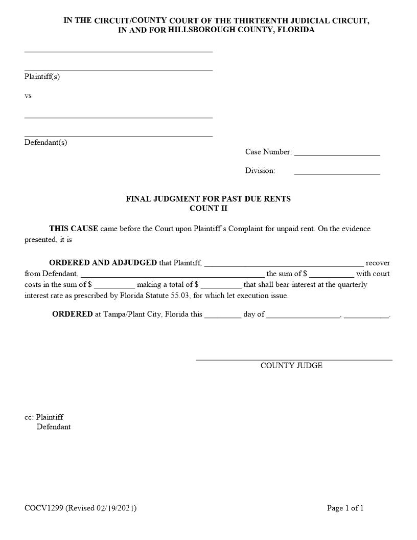 Final Judgment For Past Due Rents (Count II) {COCV1299} | Pdf Fpdf Doc Docx | Florida