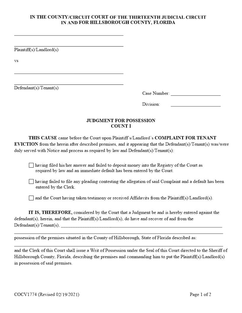 Judgment For Possession (Count I) {COCV1774} | Pdf Fpdf Doc Docx | Florida