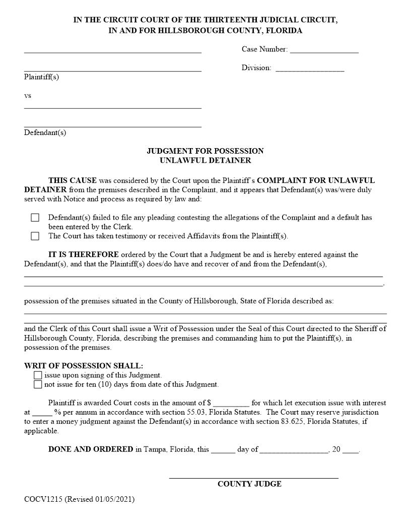 Judgment For Possession (Unlawful Detainer - Hillsborough) | Pdf Fpdf Docx | Florida