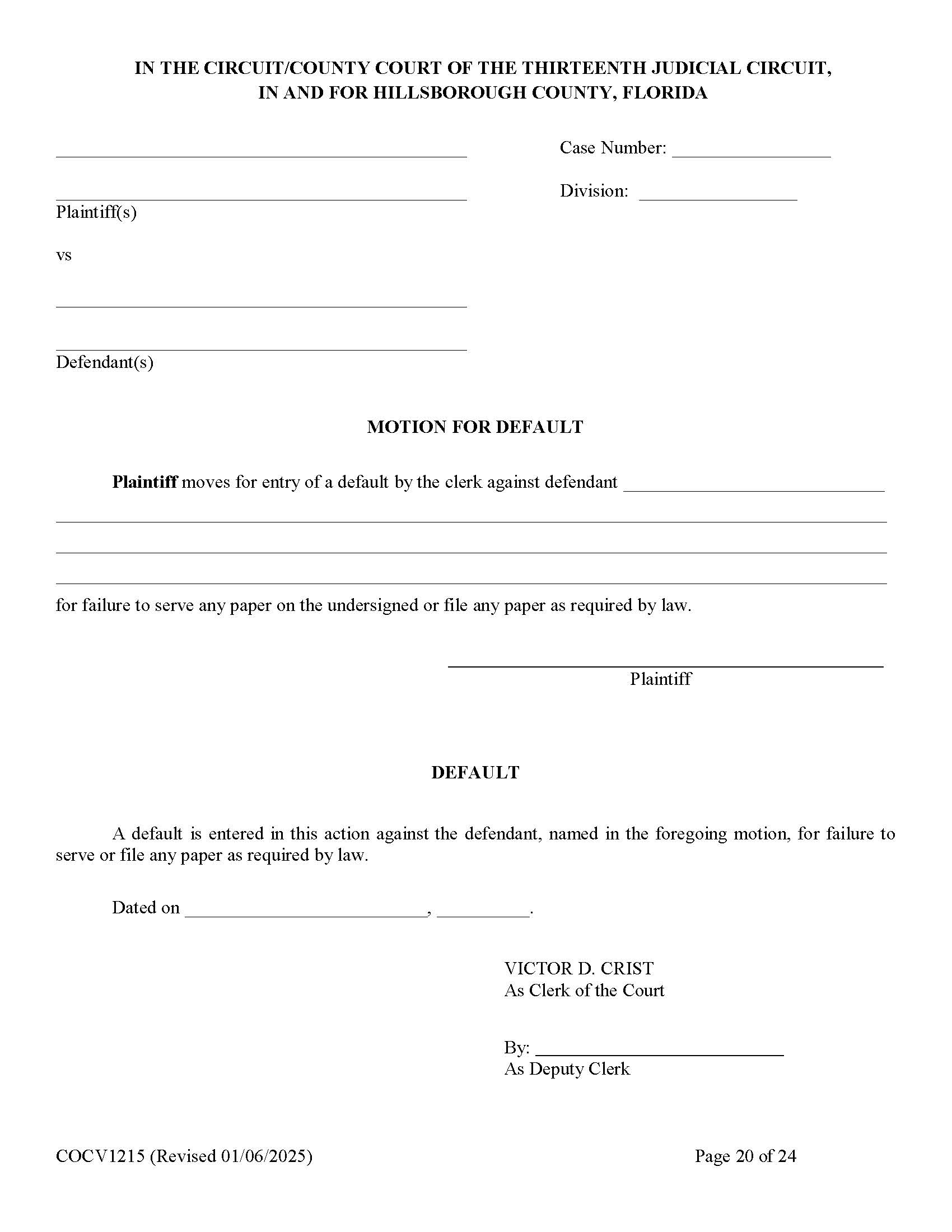 Motion For Default And Default (Entered) {COCV1215} | Pdf Fpdf Doc Docx | Florida