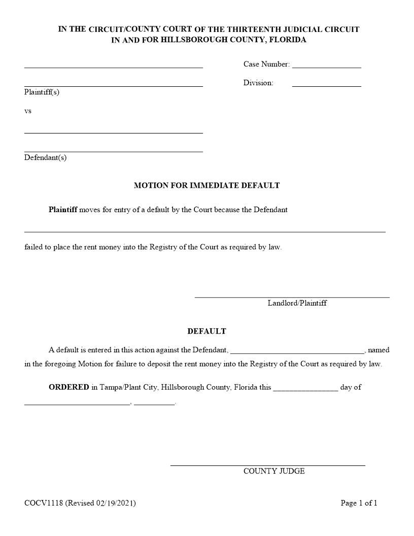 Motion For Immediate Default {COCV1118} | Pdf Fpdf Doc Docx | Florida