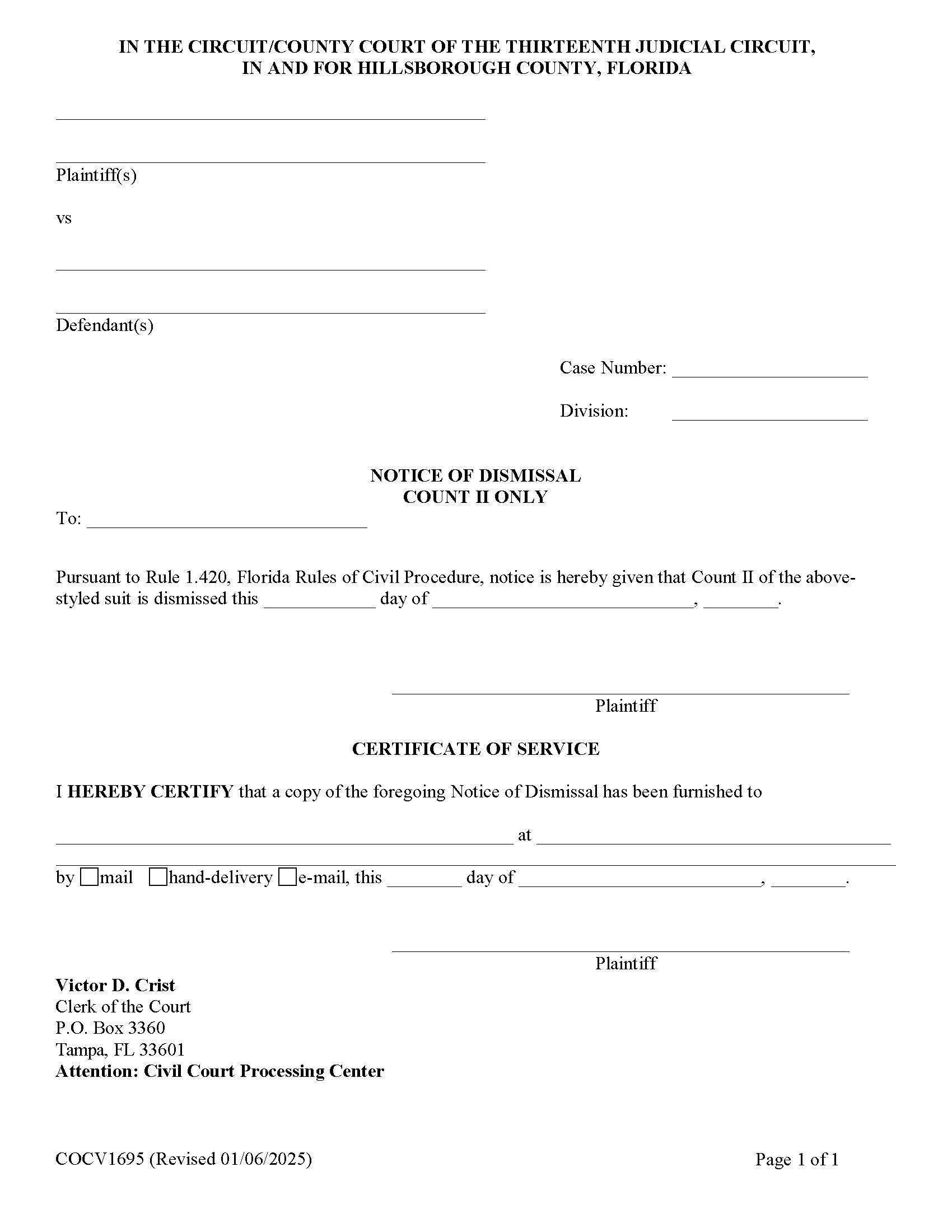 Notice Of Dismissal Count II Only {COCV1695} | Pdf Fpdf Doc Docx | Florida