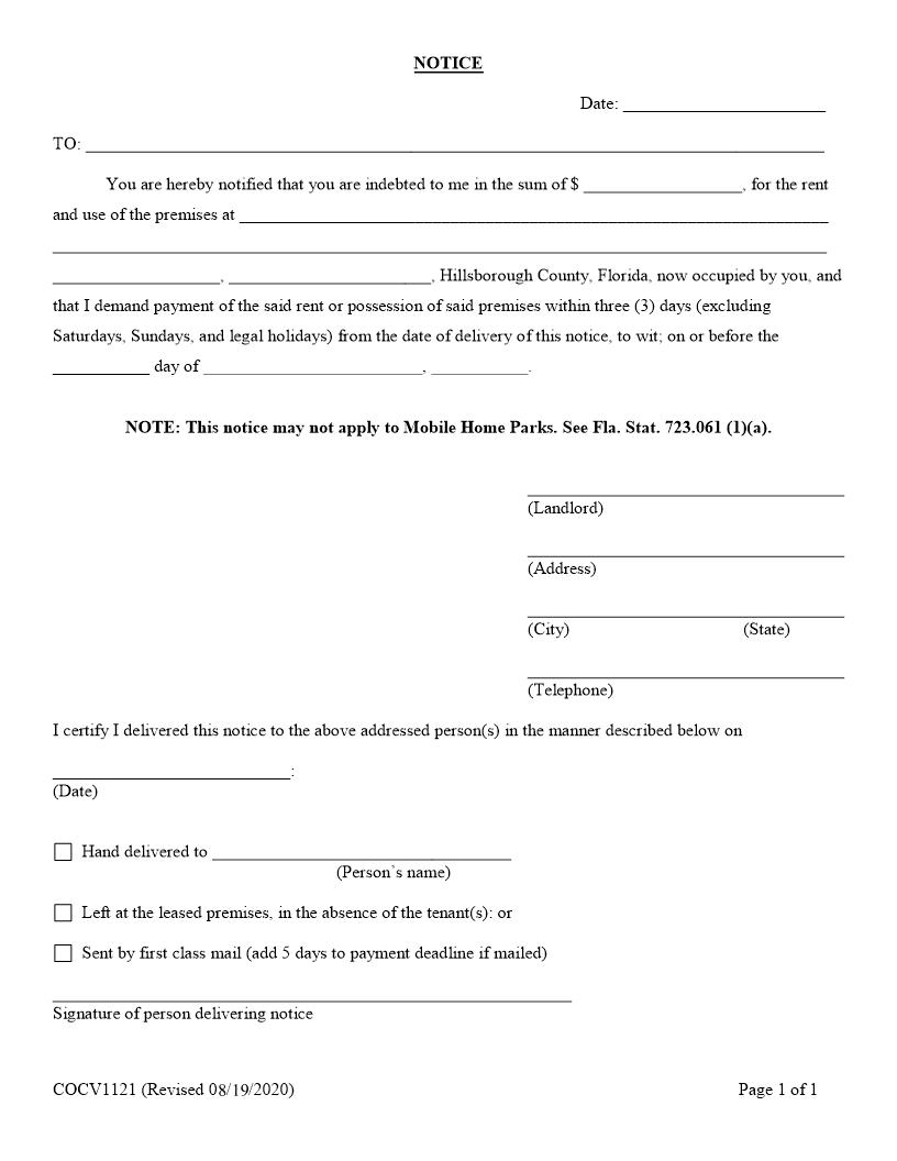 Notice-3 Day {COCV1121} | Pdf Fpdf Doc Docx | Florida