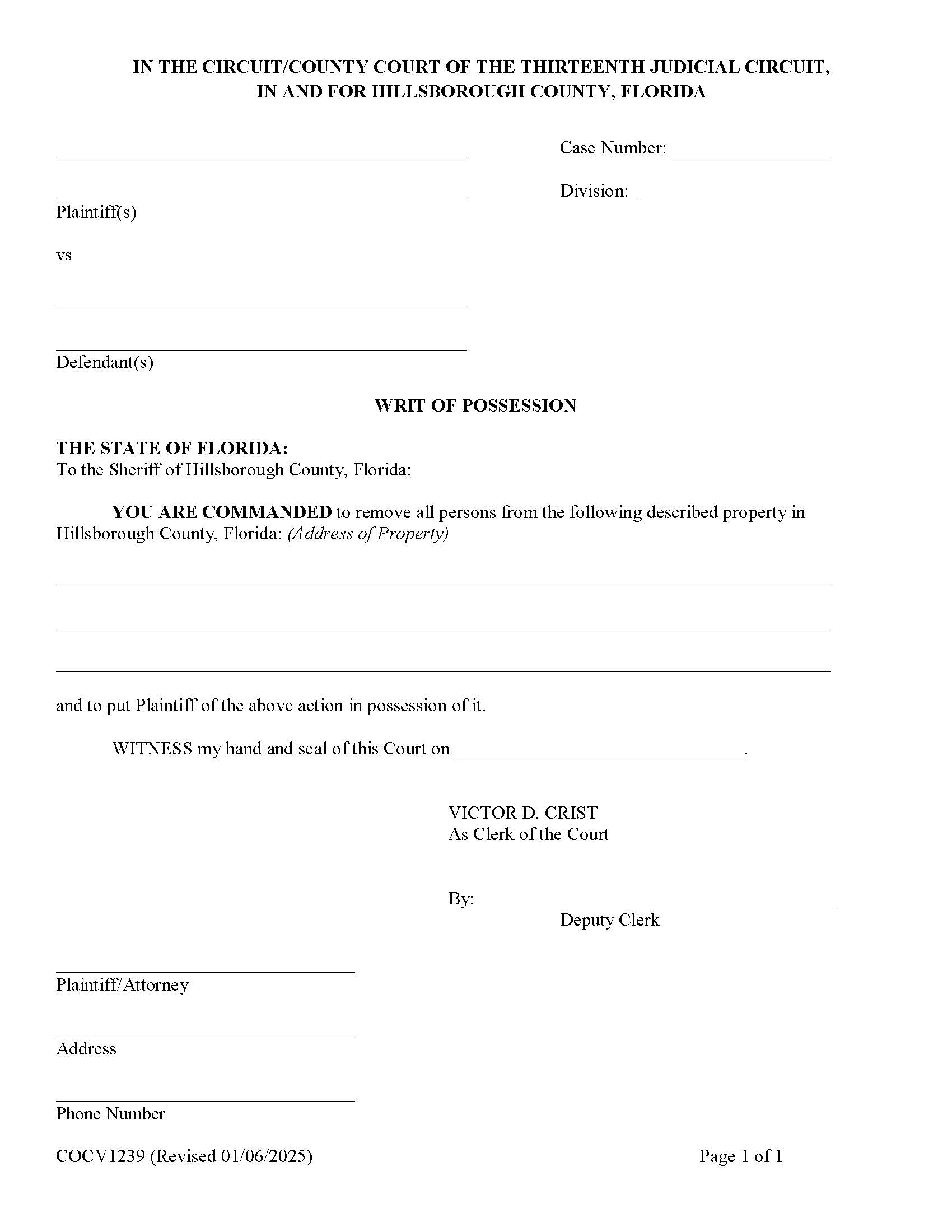 Writ Of Possession {COCV1239} | Pdf Fpdf Docx | Florida