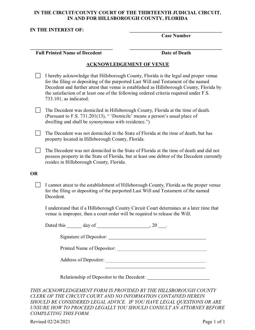 Acknowledgement Of Venue | Pdf Fpdf Docx | Florida