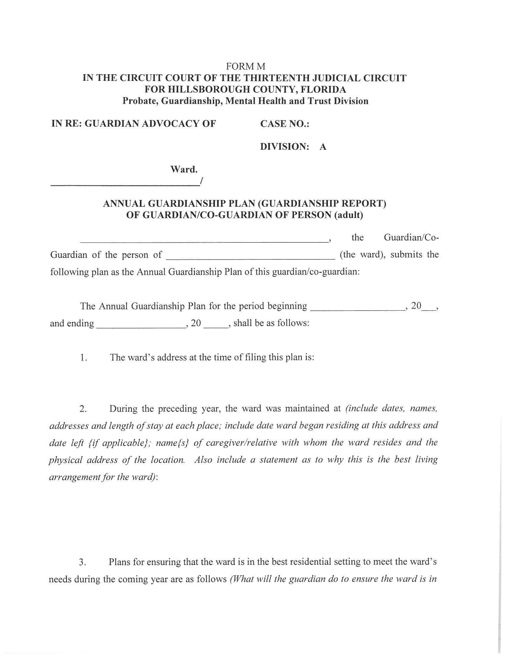 Annual Guardianship Plan (Report) Of (Co-)Guardian (Advocate) Of Person (Adult) {FORM M} | Pdf Fpdf Doc Docx | Florida