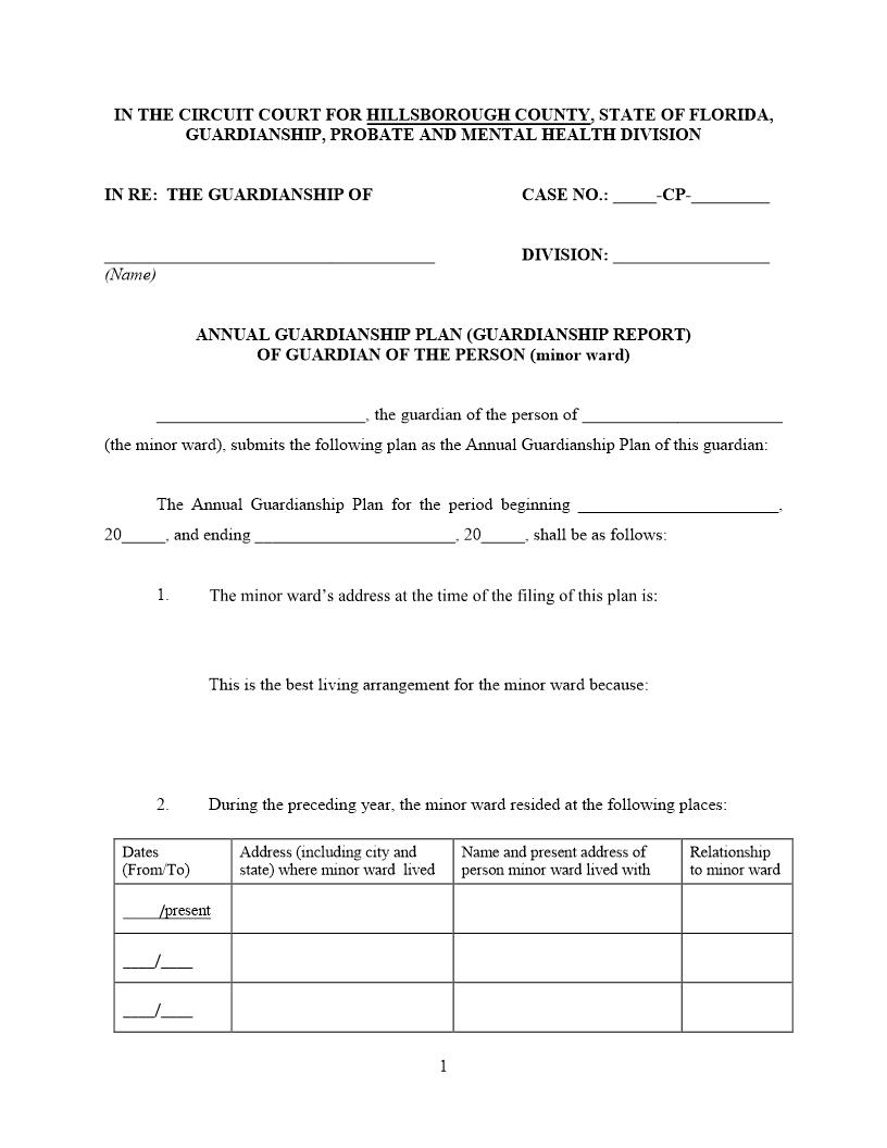 Annual Plan (Report) Of Guardian Of Person (Minor Ward) | Pdf Fpdf Doc Docx | Florida