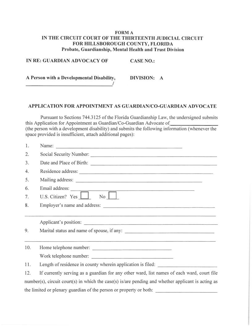 Application For Appointment As (Co-)Guardian Advocate {FORM A} | Pdf Fpdf Docx | Florida