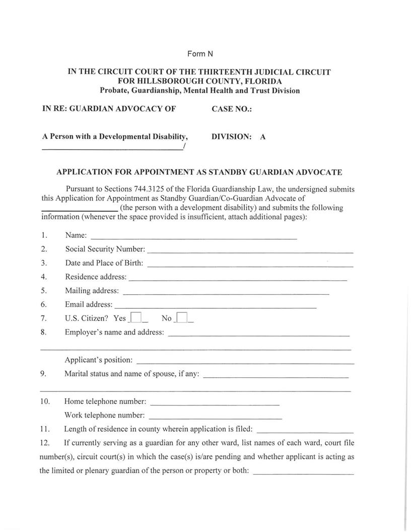 Application For Appointment As Standby Guardian Advocate {FORM N} | Pdf Fpdf Docx | Florida