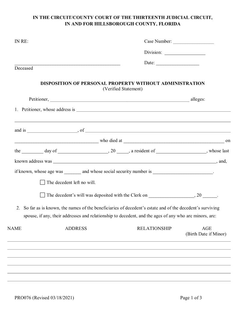 Disposition Of Personal Property Without Administration {PRO076} | Pdf Fpdf Doc Docx | Florida
