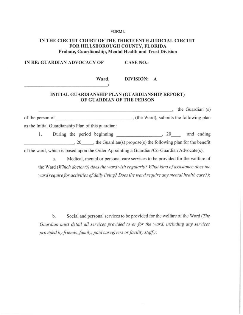 Initial Guardianship Plan (Report) Of Guardian (Advocate) Of Person {FORM L} | Pdf Fpdf Docx | Florida