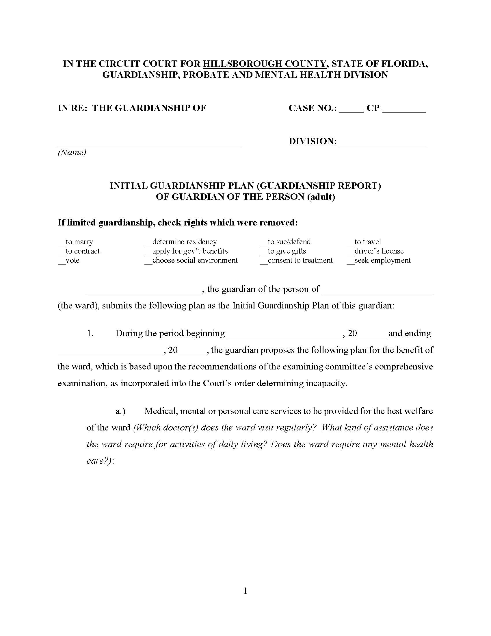 Initial Guardianship Plan (Report) Of Guardian Of Person (Adult) | Pdf Fpdf Doc Docx | Florida