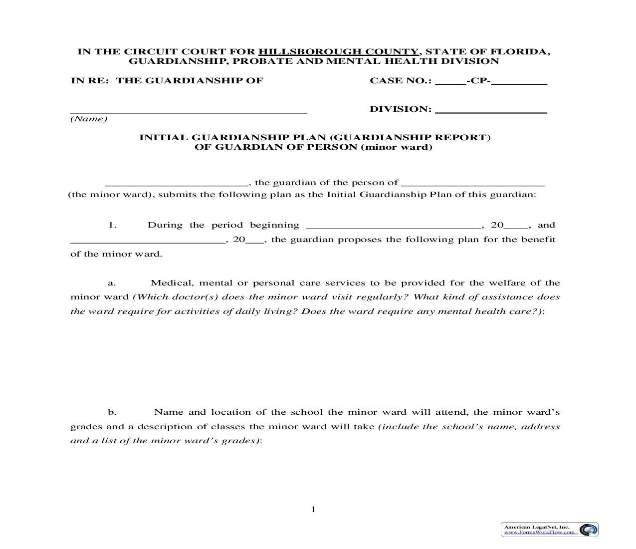 Initial Guardianship Plan (Report) Of Guardian Of Person (Minor Ward) | Pdf Fpdf Doc Docx | Florida
