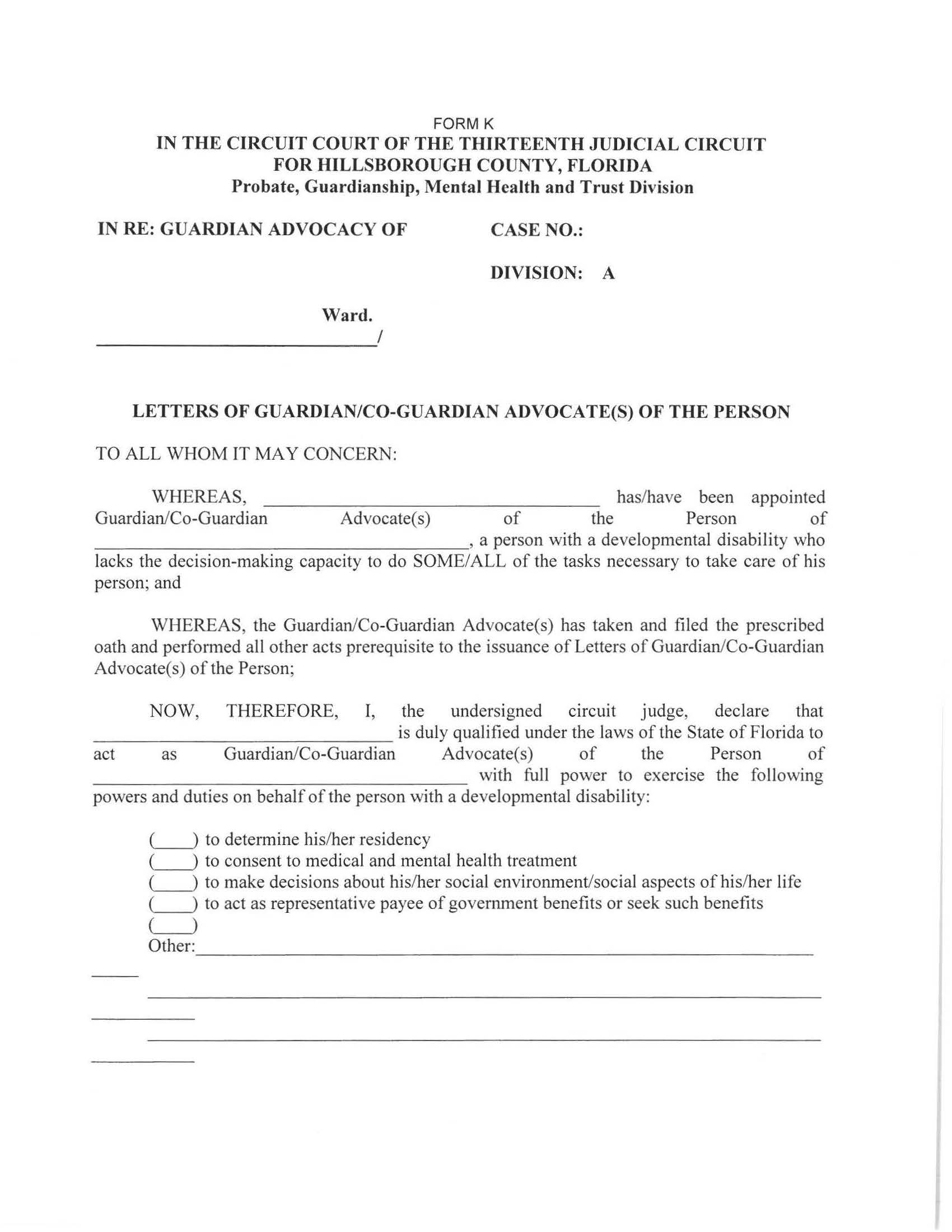Letters Of (Co-)Guardian Advocate(s) Of The Person {FORM K} | Pdf Fpdf Doc Docx | Florida