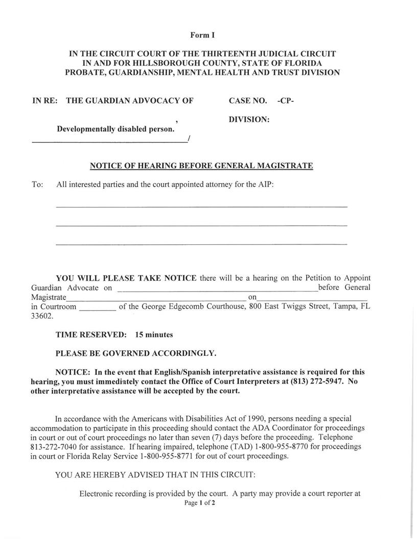 Notice Of (Guardian Advocacy) Hearing Before General Magistrate {FORM I} | Pdf Fpdf Docx | Florida