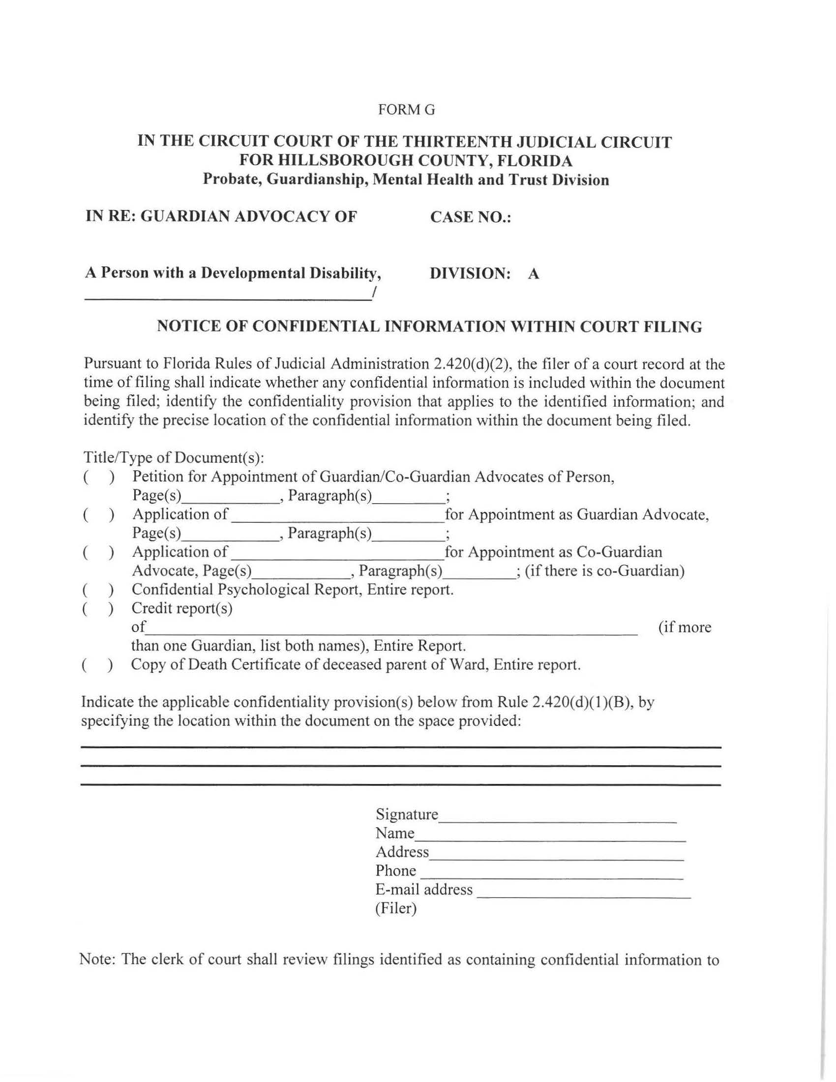Notice Of Confidential Information Within Court Filing {FORM G} | Pdf Fpdf Docx | Florida
