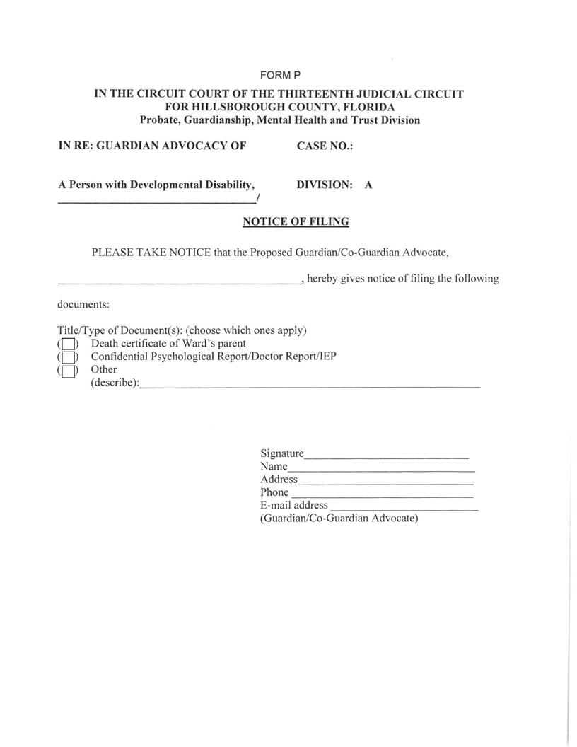 Notice Of Filing (Proposed Guardian Advocate) {FORM P} | Pdf Fpdf Docx | Florida