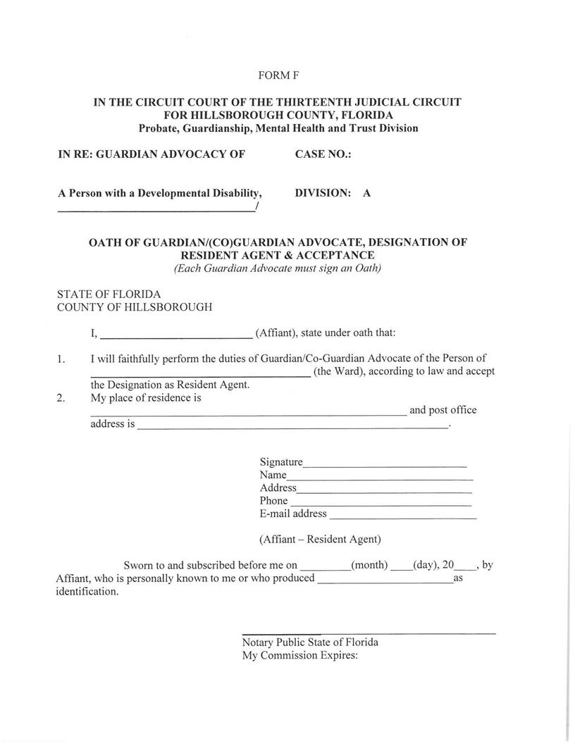 Oath Of (Co-)Guardian Advocate Designation Of Resident Agent Acceptance {FORM F} | Pdf Fpdf Docx | Florida