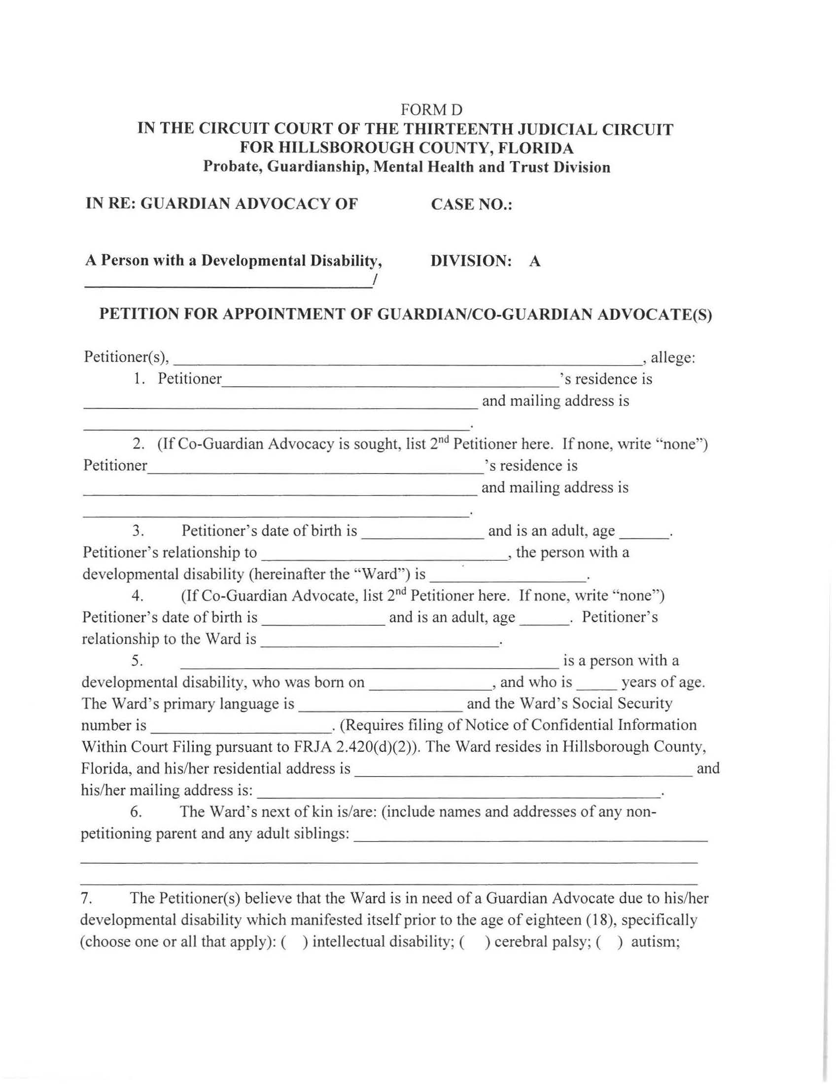 Petition For Appointment As (Co-)Guardian Advocate(s) {FORM D} | Pdf Fpdf Doc Docx | Florida