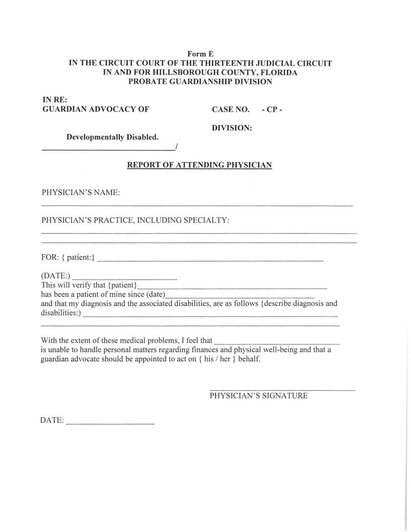 Report Of Attending Physician {FORM E} | Pdf Fpdf Docx | Florida