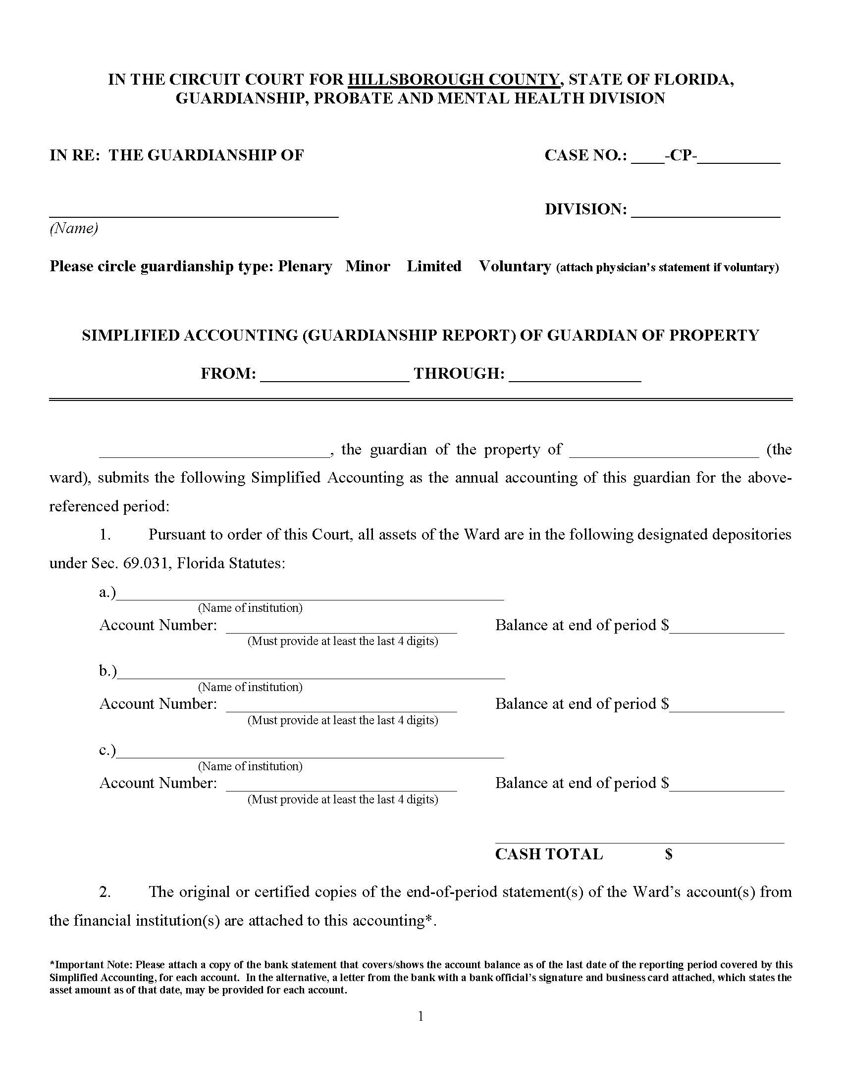 Simplified Accounting (Guardianship Report) Of Guardian Of Property | Pdf Fpdf Docx | Florida