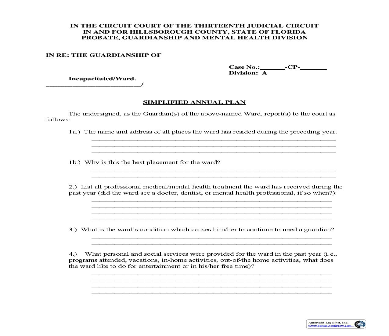 Simplified Annual Plan (Co-Guardianship Of Incapacitated Person) | Pdf Fpdf Doc Docx | Florida