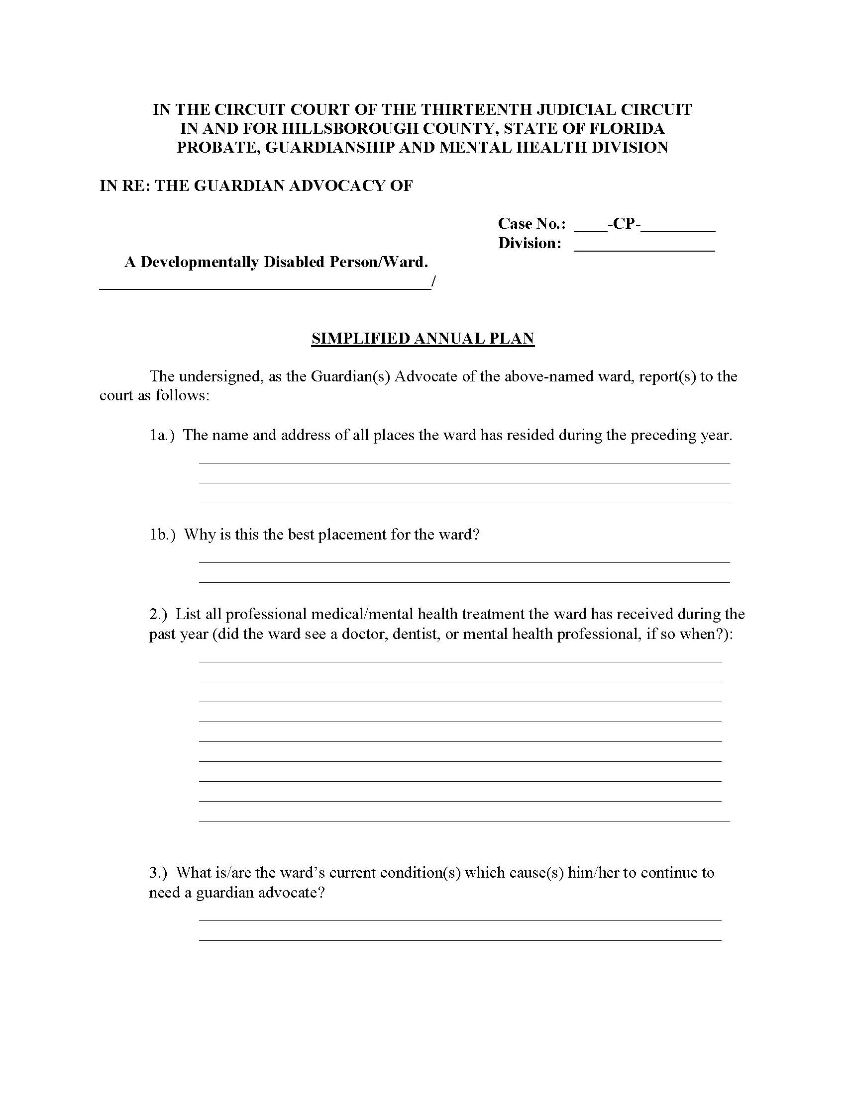 Simplified Annual Plan (Guardian Advocacy) | Pdf Fpdf Docx | Florida