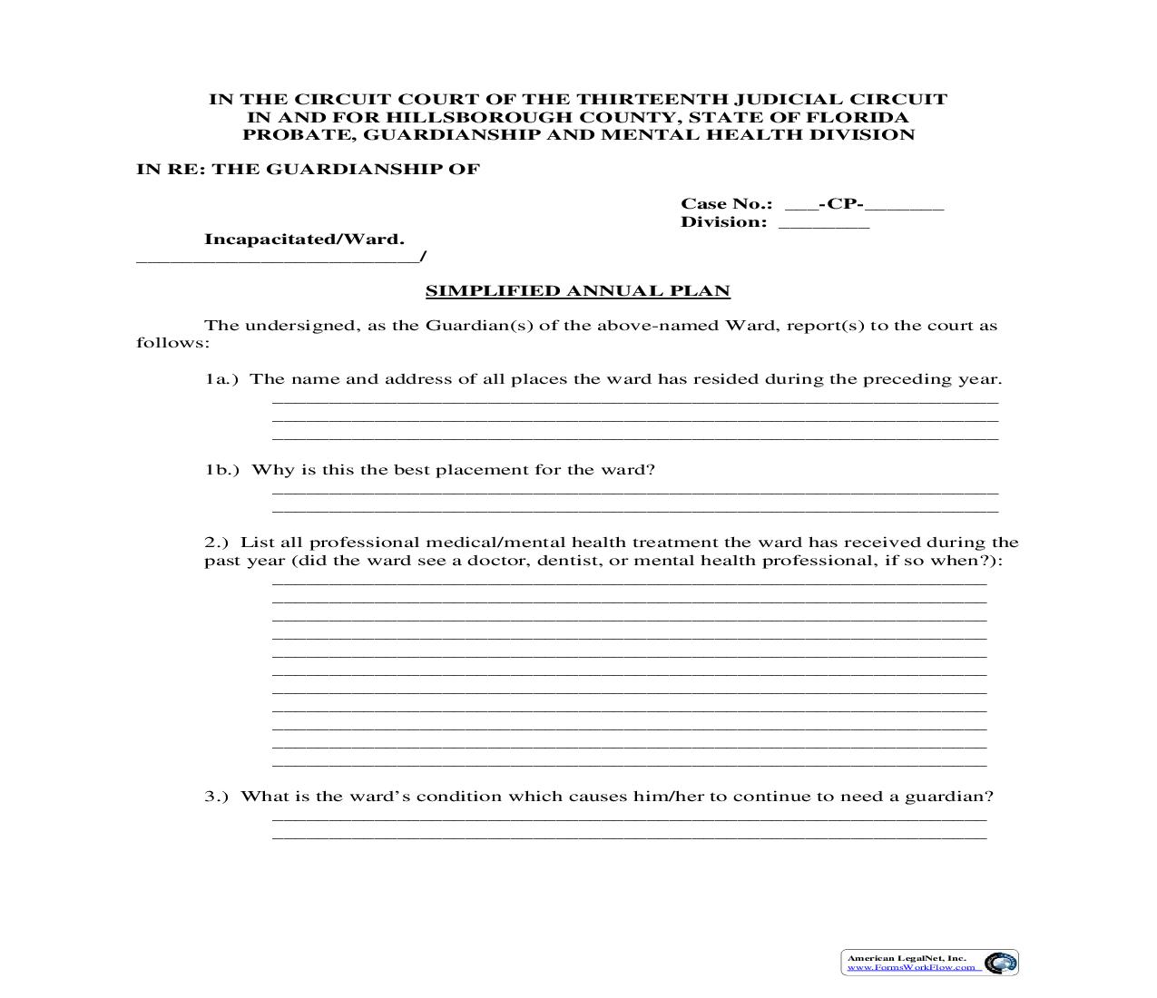 Simplified Annual Plan (Guardianship Of Incapacitated Person) | Pdf Fpdf Doc Docx | Florida