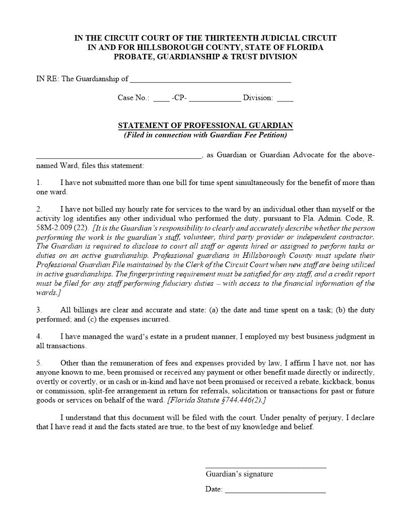 Statement Of Professional Guardian (In Connection With Guardian Fee Petition) | Pdf Fpdf Docx | Florida