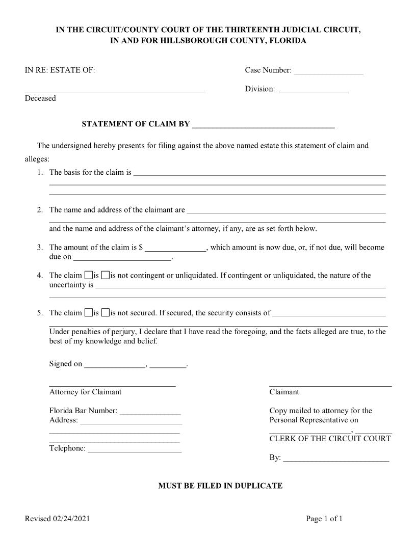Statement of Claim (Probate) | Pdf Fpdf Docx | Florida