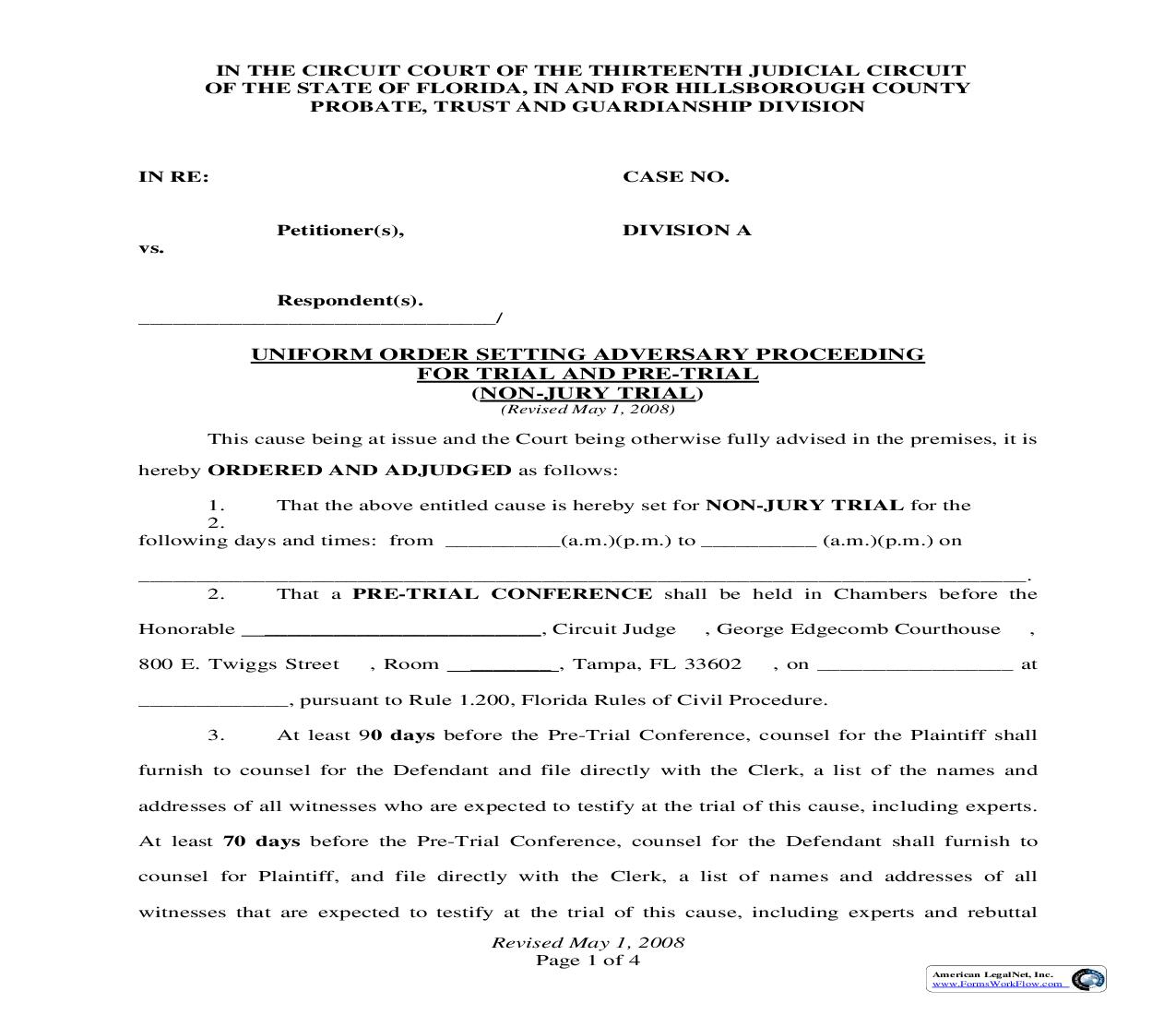 Uniform Order Setting Adversary Proceeding For Trial And Pre-Trial (Non-Jury) | Pdf Fpdf Doc Docx | Florida