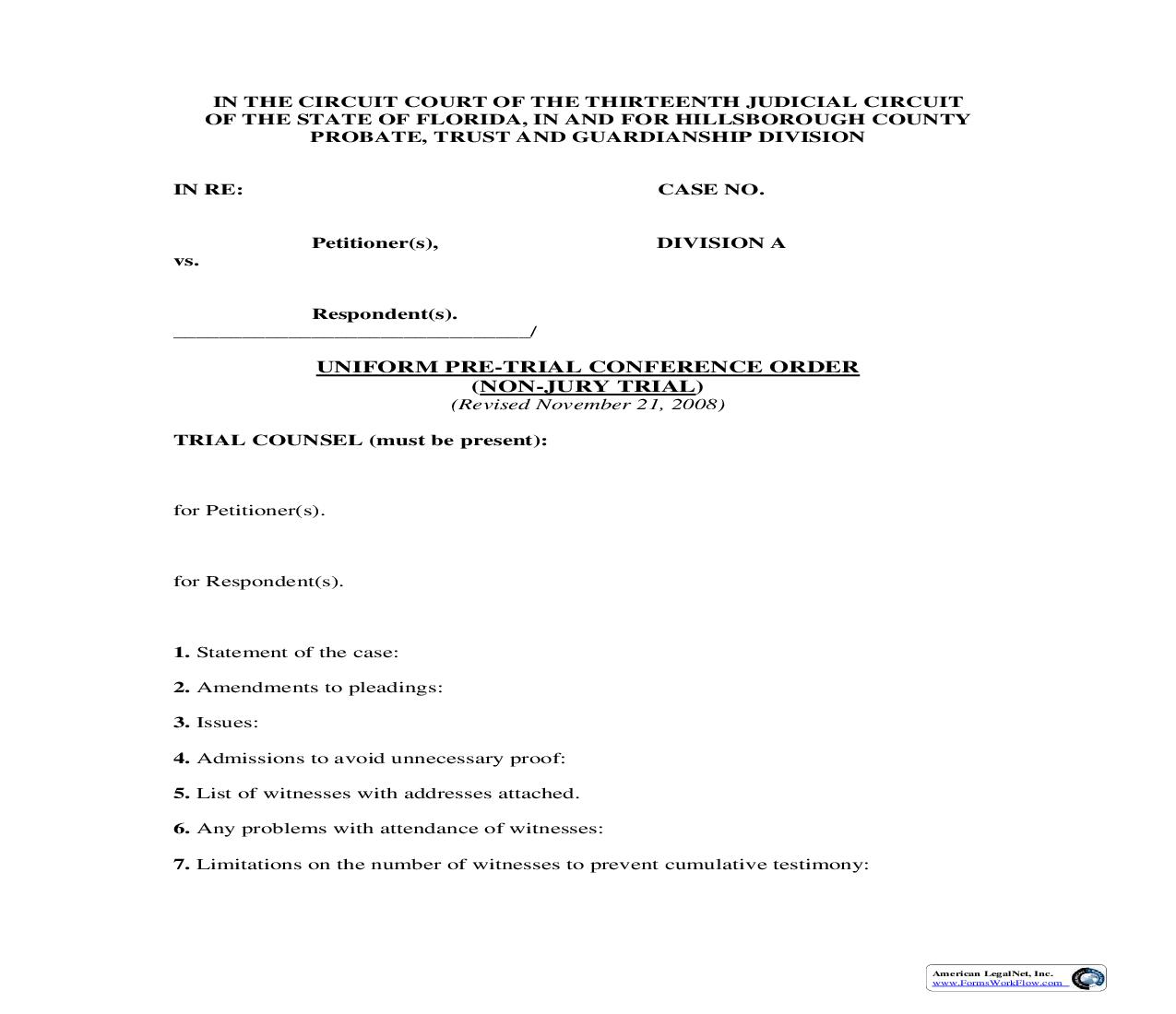 Uniform Pre-Trial Conference Order (Non-Jury Trial) (Probate) | Pdf Fpdf Doc Docx | Florida