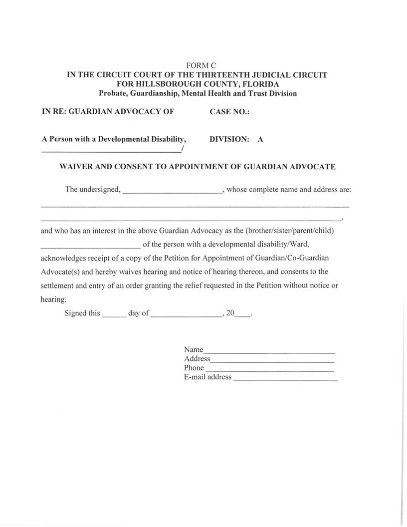 Waiver And Consent To Appointment Of Guardian Advocate {FORM C} | Pdf Fpdf Docx | Florida