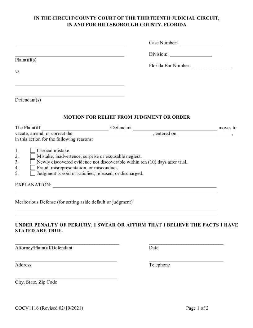 Motion For Relief From Judgment Or Order {COCV1116} | Pdf Fpdf Doc Docx | Florida