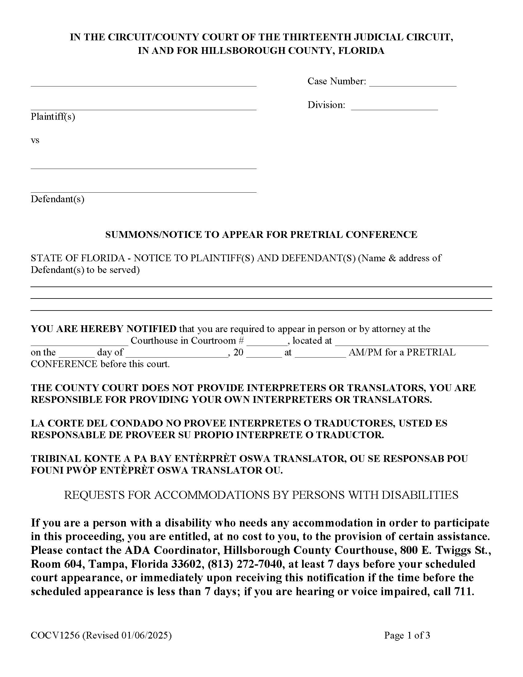 Notice To Appear For Pretrial Conference {COCV1256} | Pdf Fpdf Doc Docx | Florida